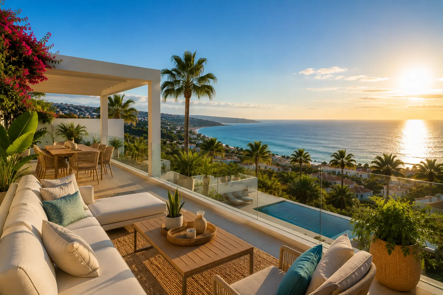 Sunlit terrace of a Gran Canaria apartment with sea and mountain views
