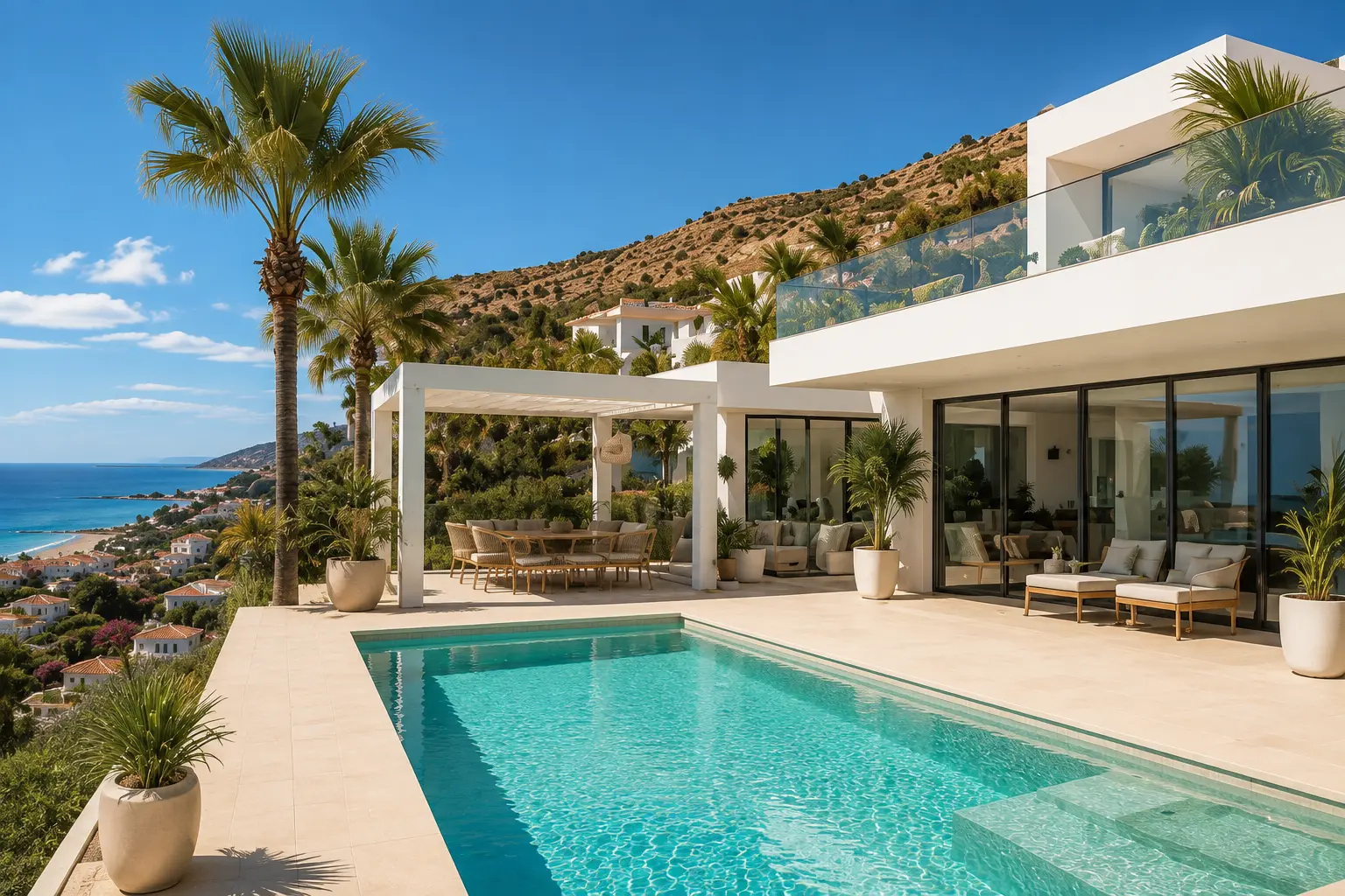 Whitewashed Canarian apartment building with palm trees and bougainvillea